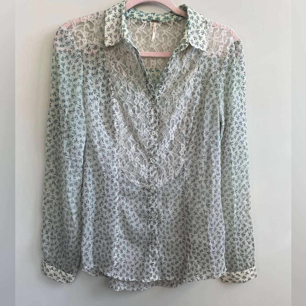 Free People Sheer Lace All The Glitters Floral Ombré Button Down
